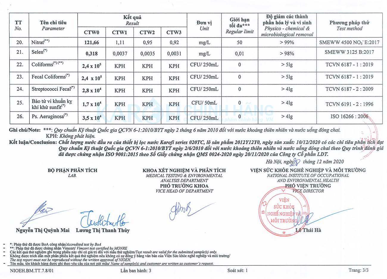 chất lượng nước ra của máy lọc nước Karofi ss038